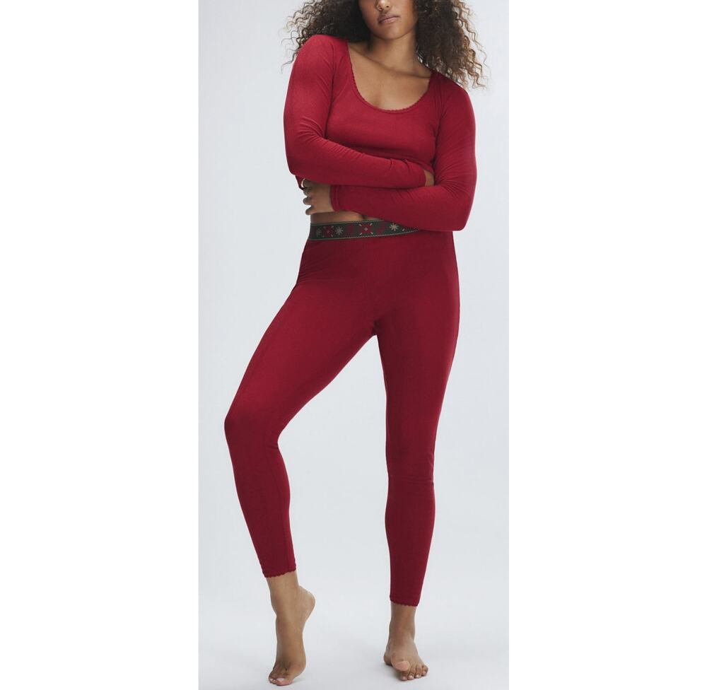Savage X Fenty Snow Daze Pointelle Holiday Sleep Set Red Cognac Size M